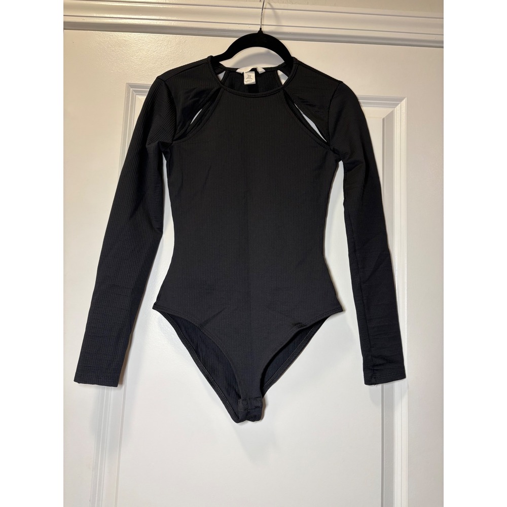 H&M Black Ribbed Long Sleeve Cut Out Shoulder Bodysuit XS